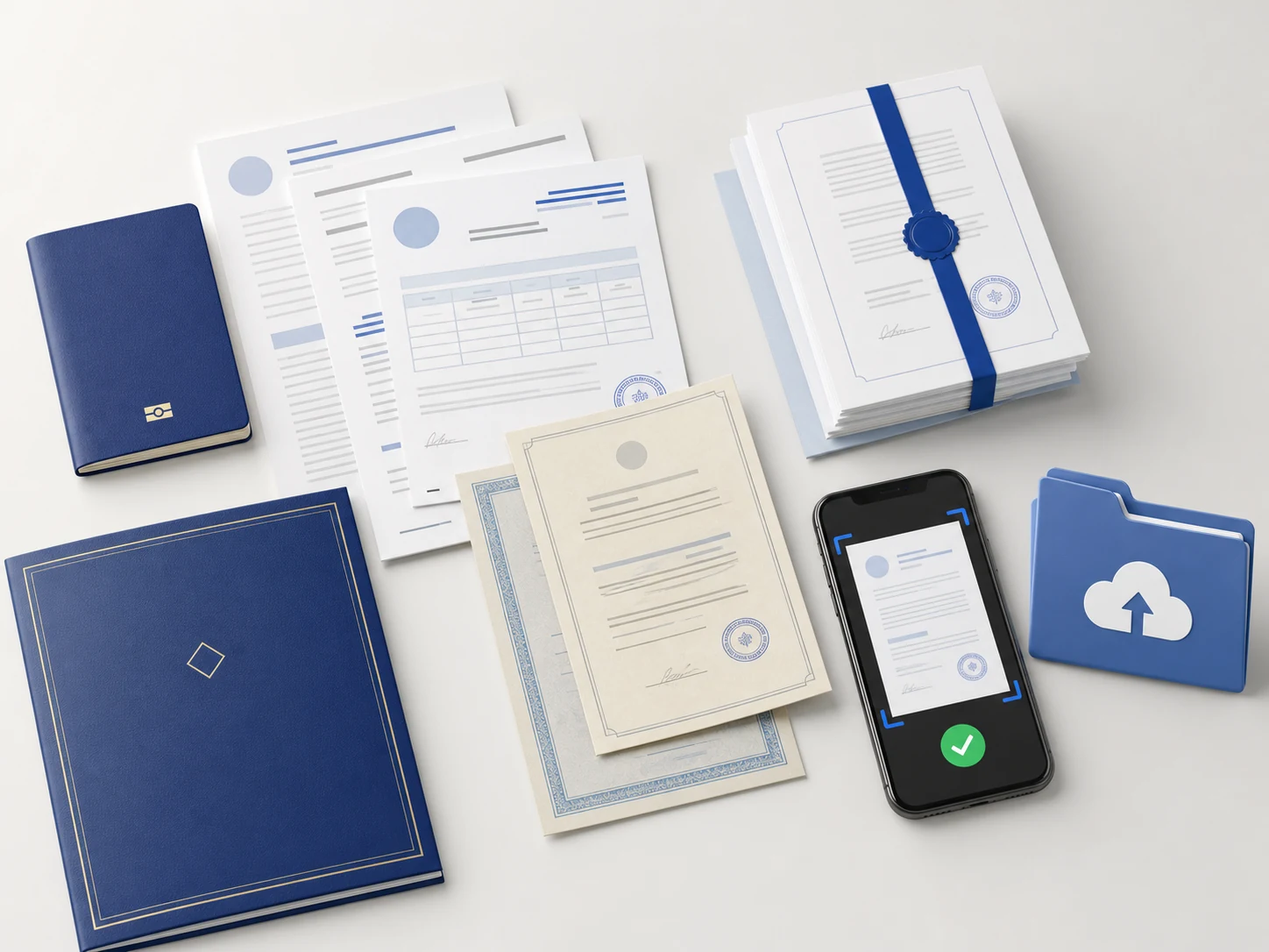 Passport, translations, and documents prepared for upload to the application
