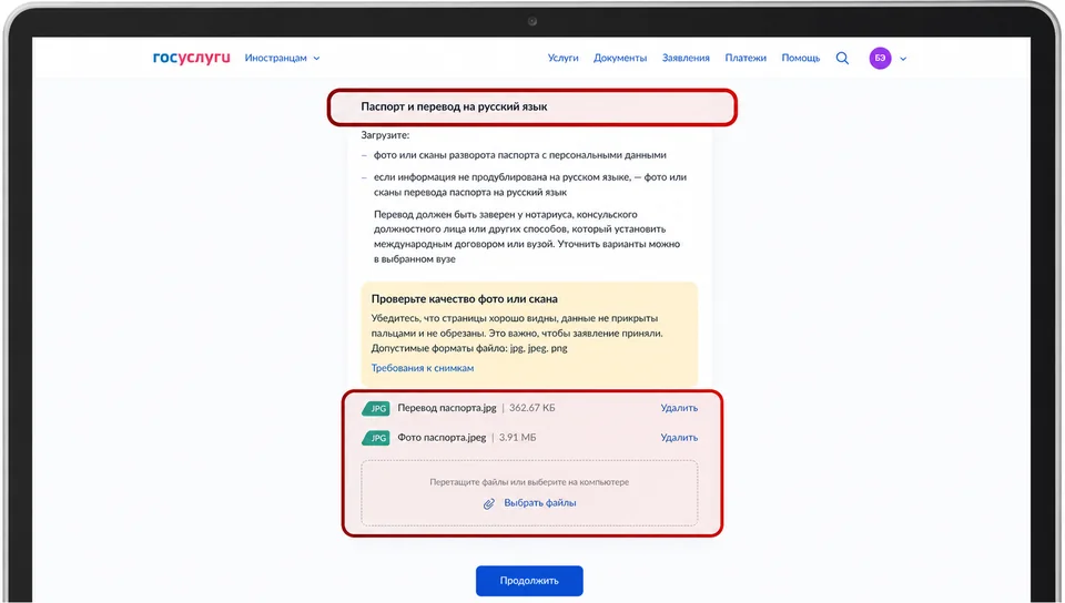 Passport scan and notarized translation upload form