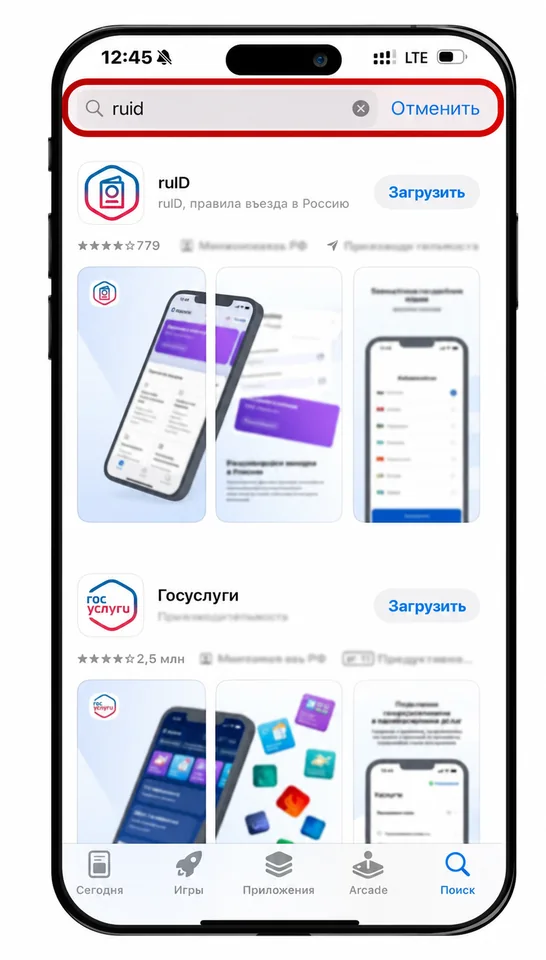 Search results for the ruID app in the app store
